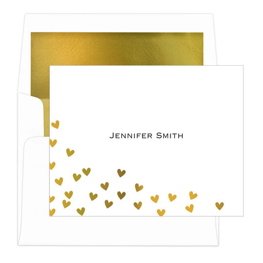 Floating Gold Foil Hearts Folded Note Cards with Lined Envelopes